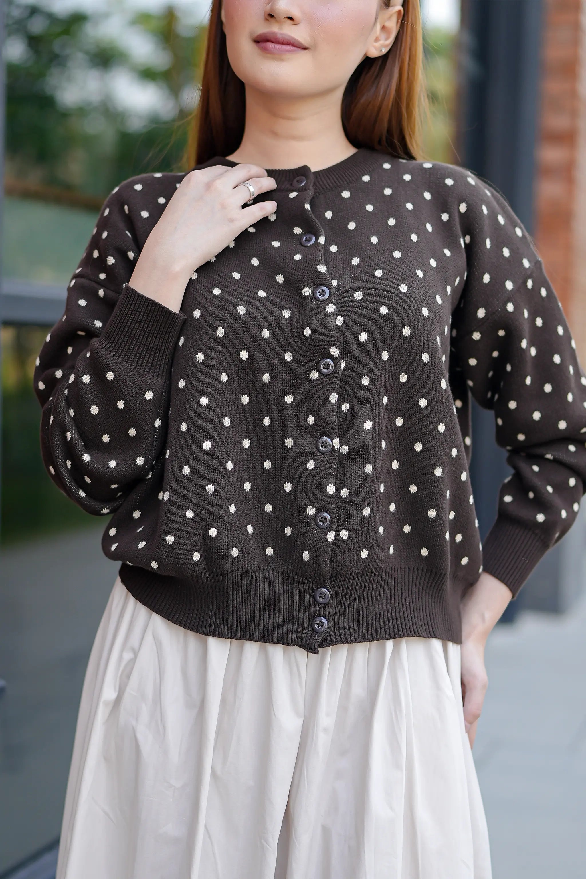 Cassie Polka Cardigan in Brown