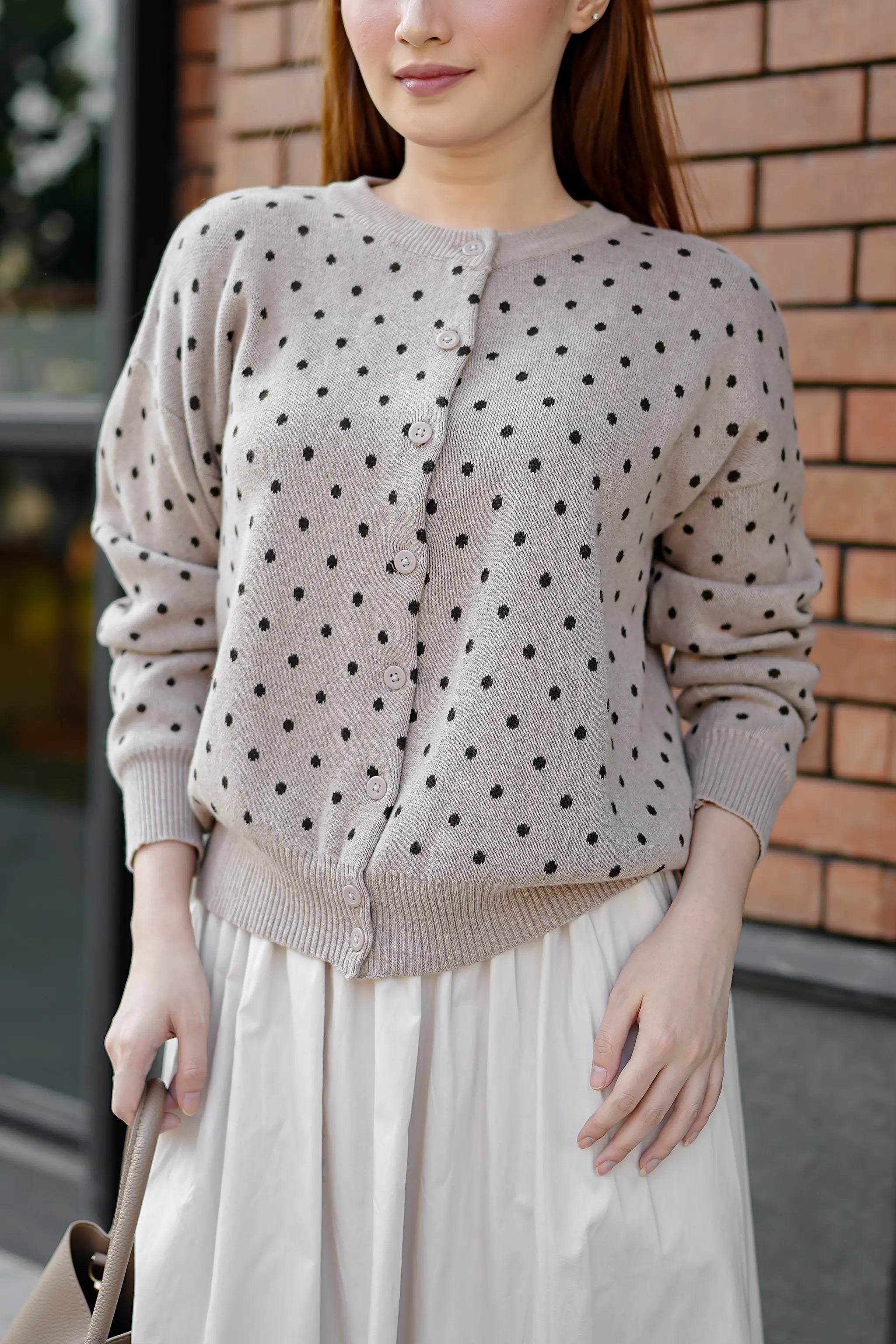 Cassie Polka Cardigan in Taupe