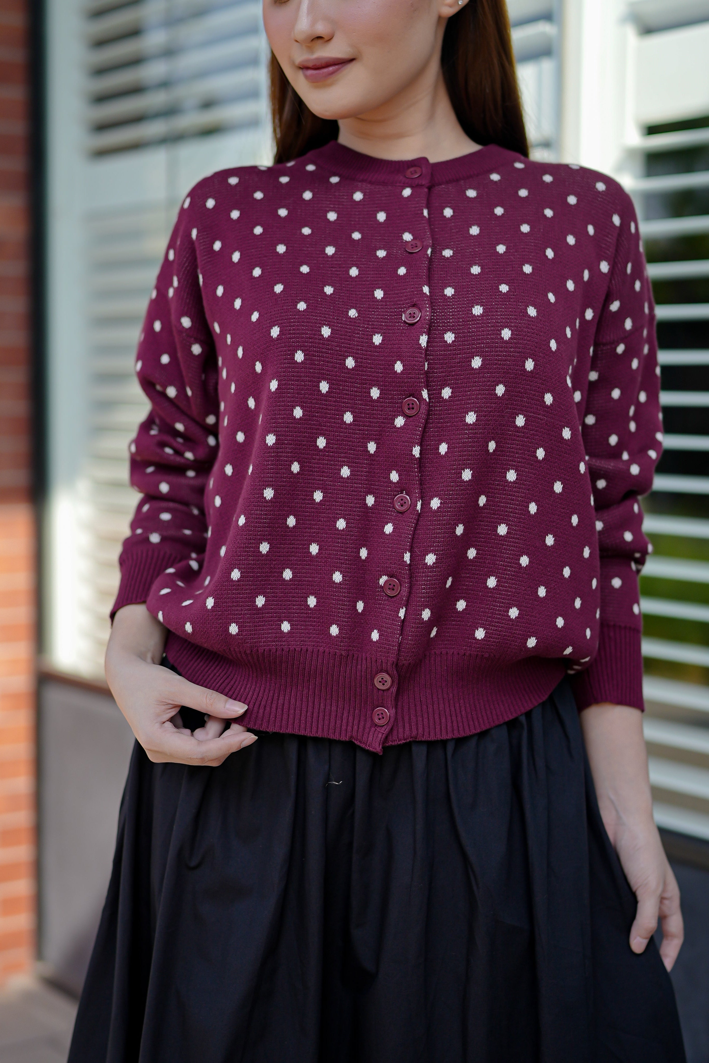 Cassie Polka Cardigan in Maroon