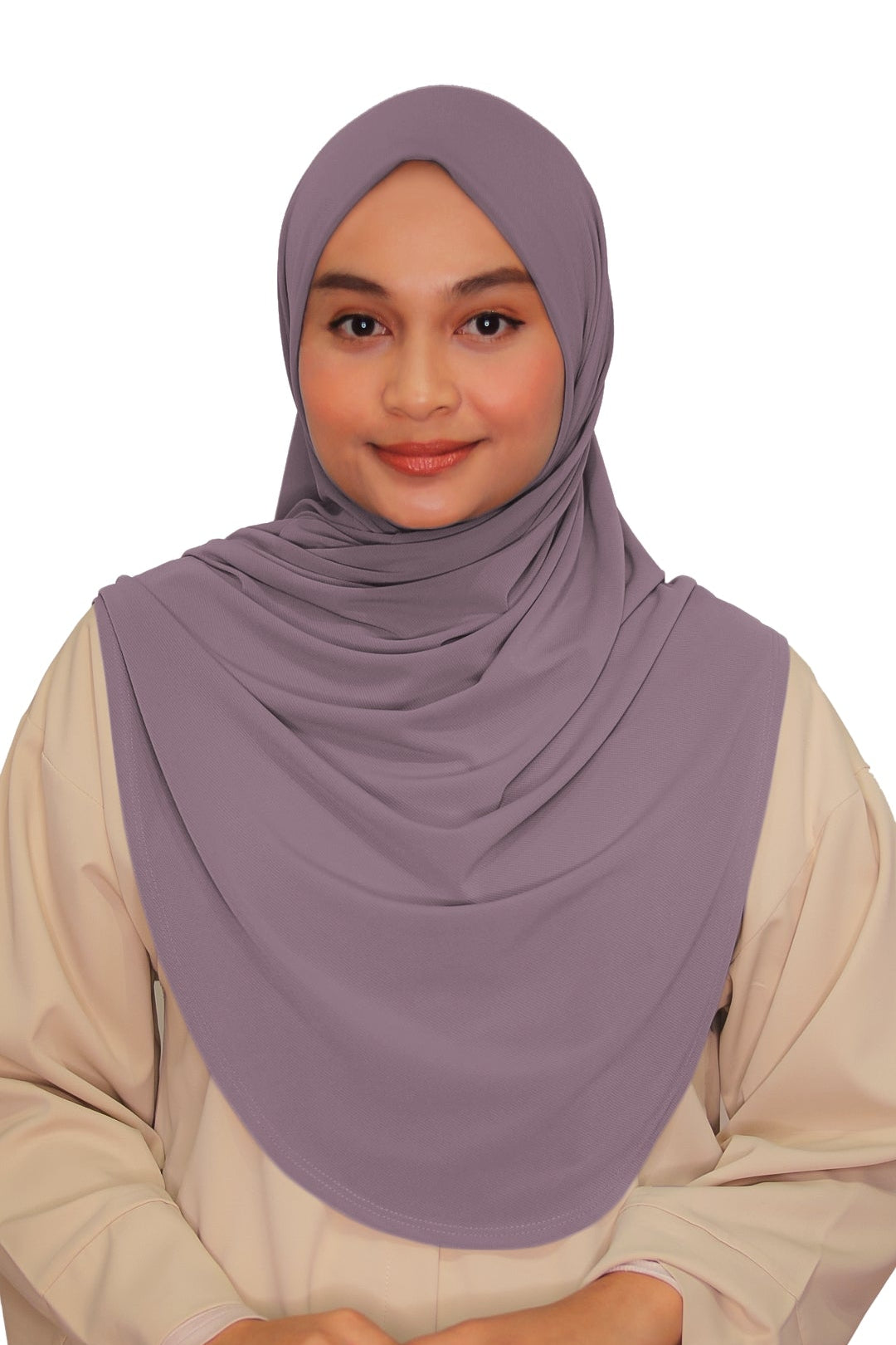 Woman wearing a light purple hijab and beige outfit on a white background