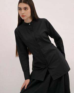Signature Cotton Poplin Shirt with Mandarin Collar in Black
