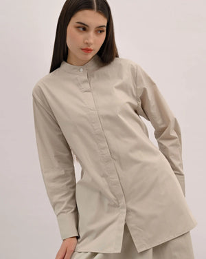 Signature Cotton Poplin Shirt with Mandarin Collar in Linen